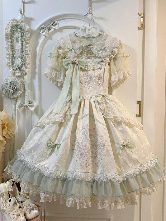 Floral Waist High Skirt Teddy Embroidery Jumper Lolita and Fabric Bowknot