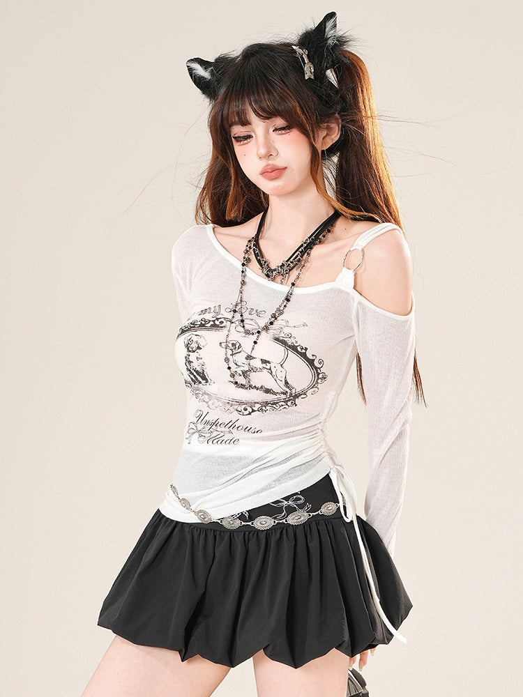 White/Beige Top Sleeves Neckline Asymmetrical Long Letter Print Puppy And