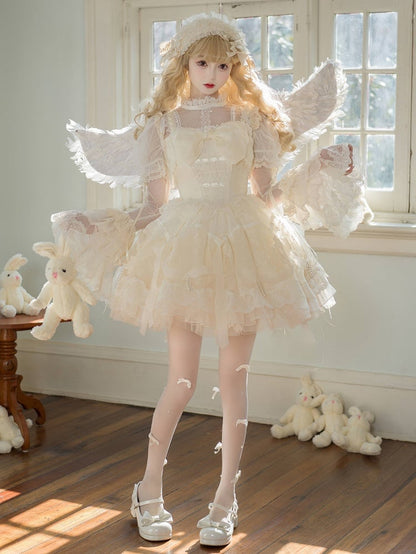 Dress Princess Lolita White Waist on and Ribbon Bows Beads Basque Skirt Creamy