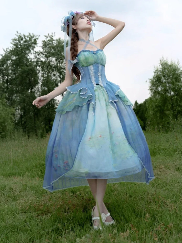 Tiered Flounce Hem Halter Boned Corset Top Print Sky Painting Fairy Oil Blue