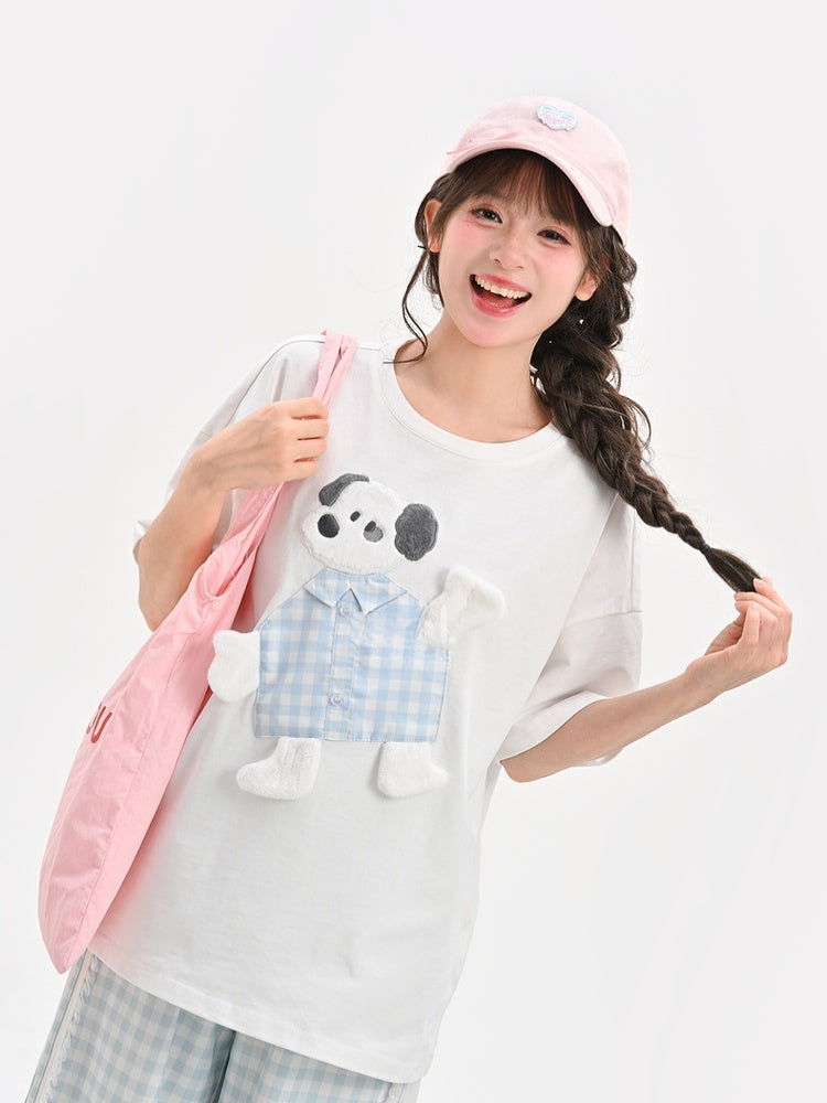 T-Shirt Cotton Adorable Puppy Applique White Loose