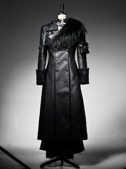 Schwarzer Trenchcoat aus Gothic-Rissleder mit kuscheligem Fleecefutter