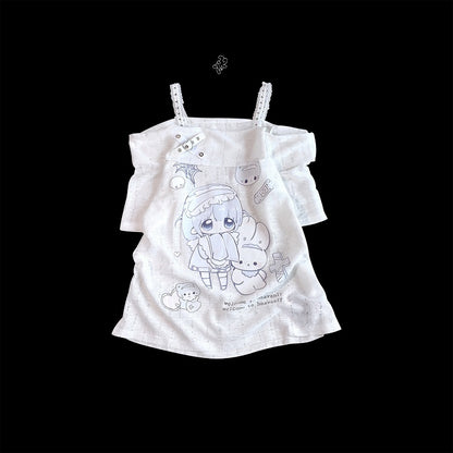 Jirai T-shirt Neckline Kei Kawaii Print Off-the-shoulder White Yami Cartoon