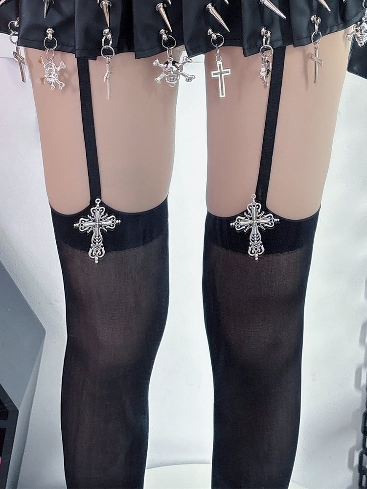 Y2K Hosenträger Schwarz/Weiß Gyaru Verzierte Strümpfe Fashion Cross