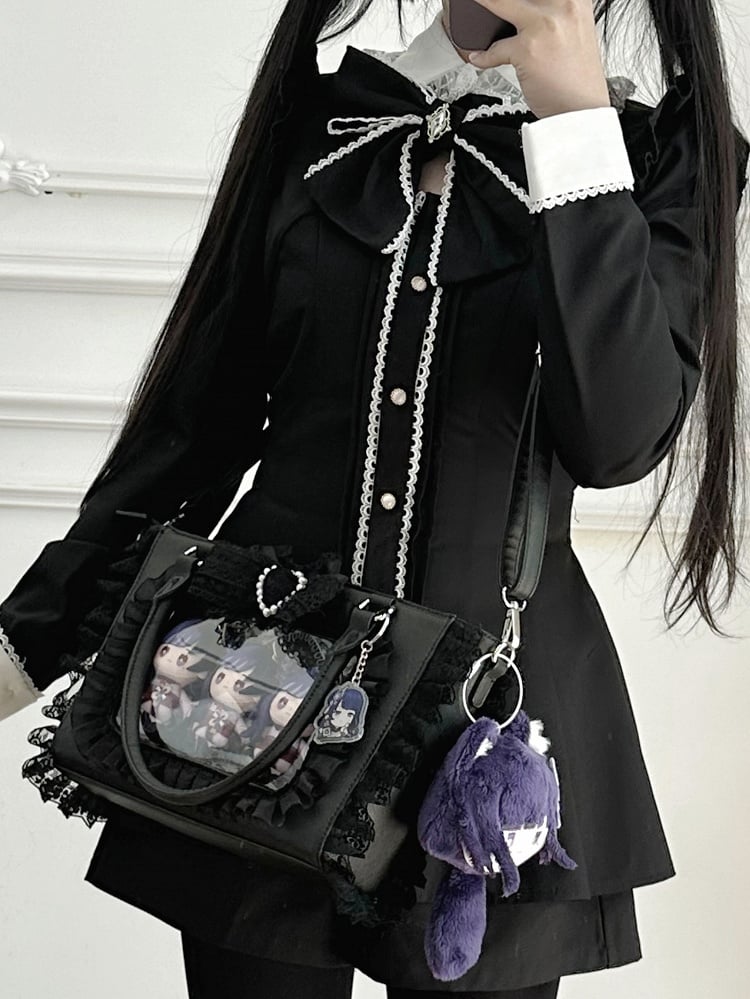 Ita Trim with Jirai Decorated Bowknot Free Holder Lace Beaded Card Bag Heart Kei PVC Black