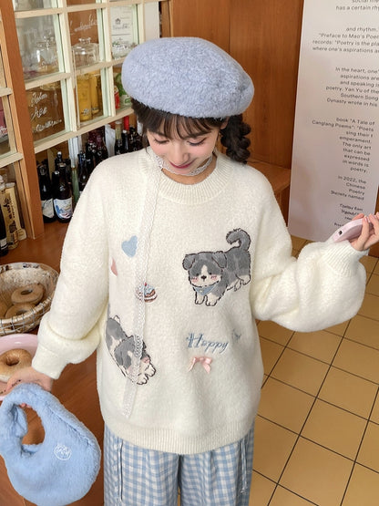 White Cute Puppies Pattern Round Neck Loose Sweater