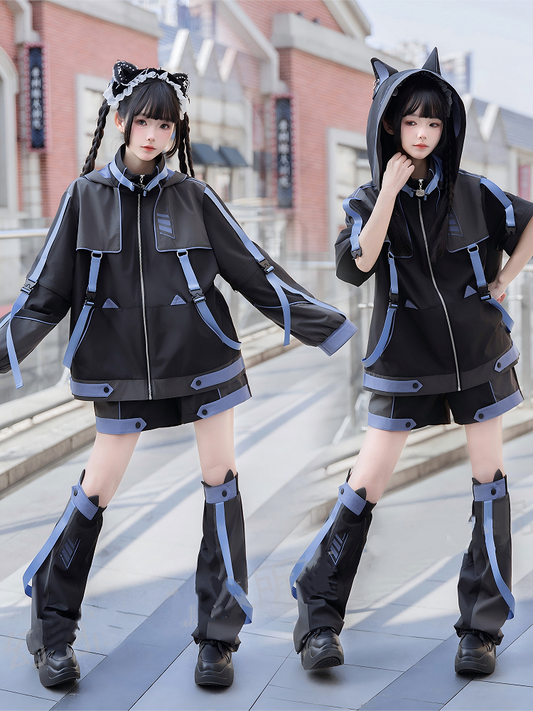 Cyber Neko Techwear Three-Piece Set - Windbreaker Jacket