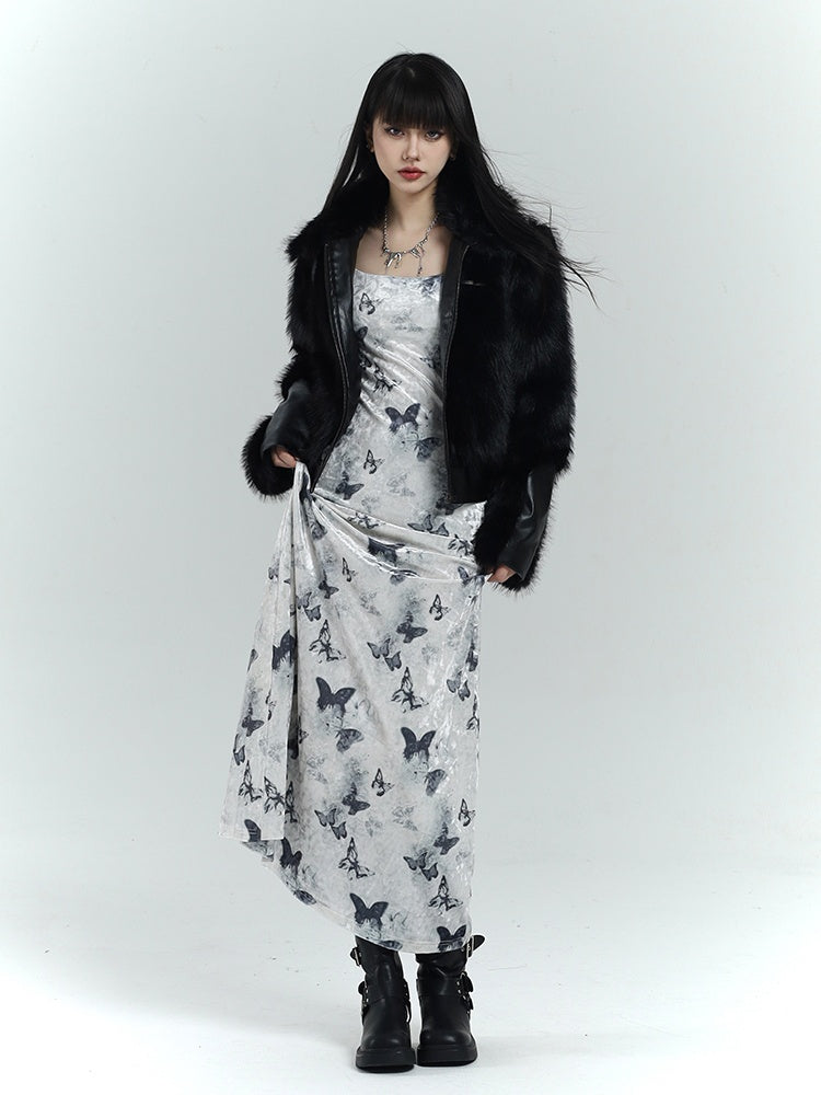 Robe moulante en velours blanc à imprimé papillon