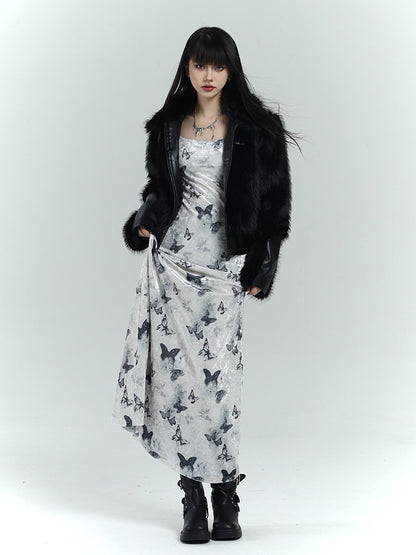 Robe moulante en velours blanc à imprimé papillon