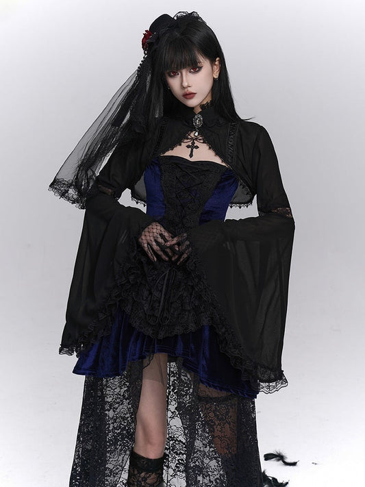 Cutouts Lace-Trimmed Elegant with Bell Crop Black Halloween Sleeves Elbow Shrug Gothic