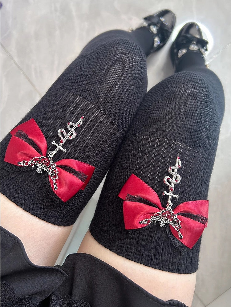 Jirai Kei Black&Red Metal SnakeEmbellished Bowknot Details Overknee Stockings