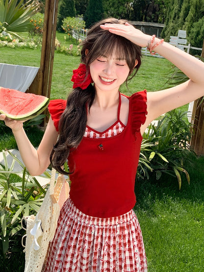 Faux Tank Top Neckline Embroidery Red Halter Neck Flutter Sleeves Cherry Two-pieces