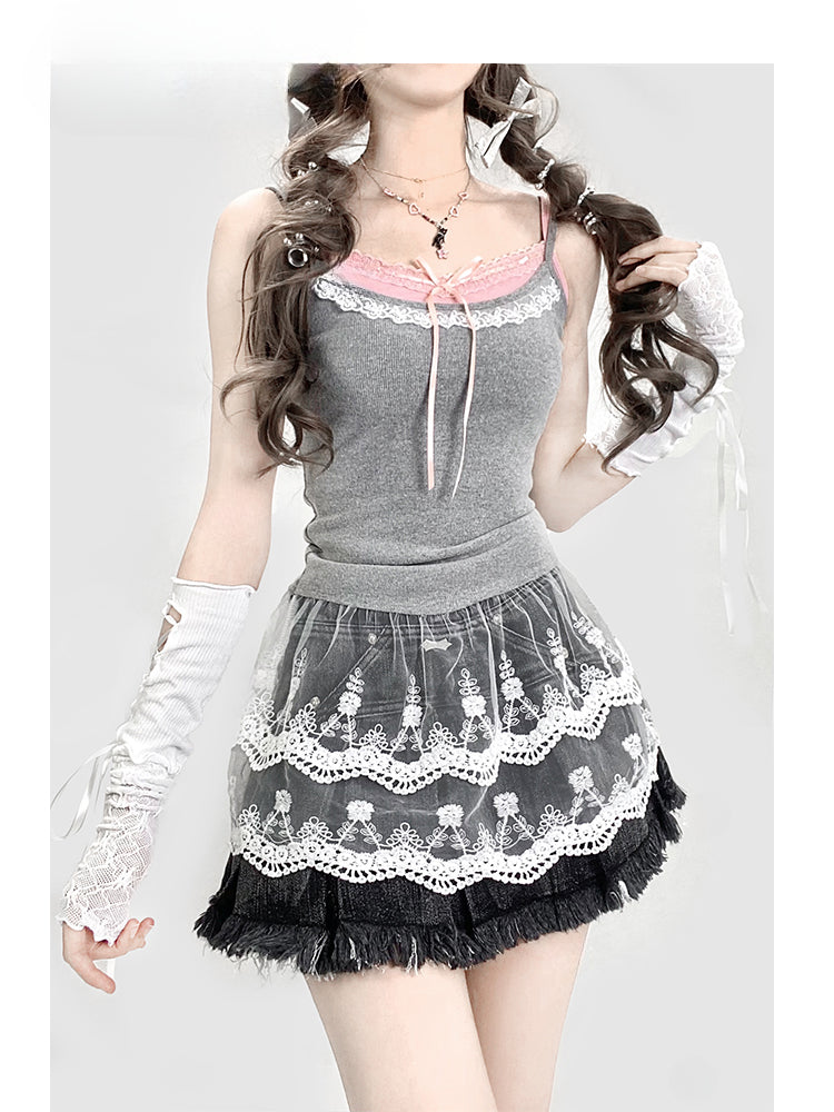 Grey Double-layered Lace Cami Top+Pink Padded Cups Cami Top Set