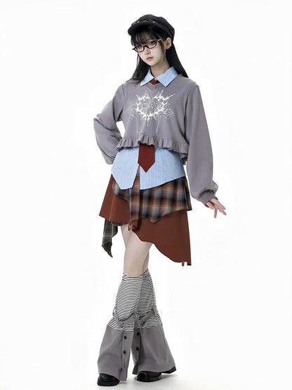 Gray V-Neck Ruffled Hem Cropped Graphic Sweatshirt