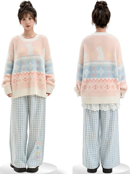 Pink Cute Bunnies Pattern Round Neck Soft Sweater