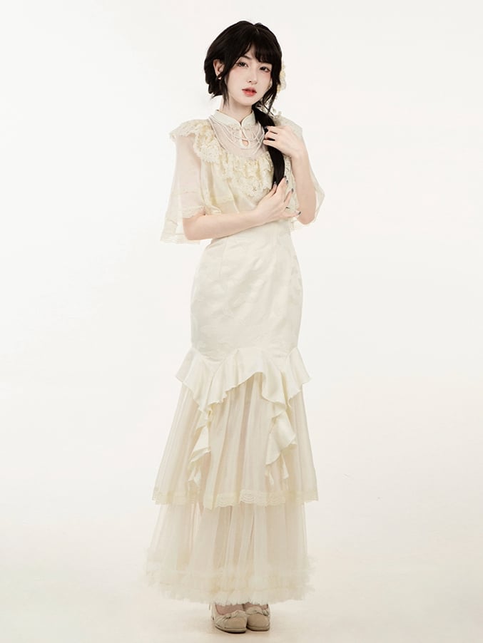 Shawl and Beige Flowers Neckline Decorated Beads