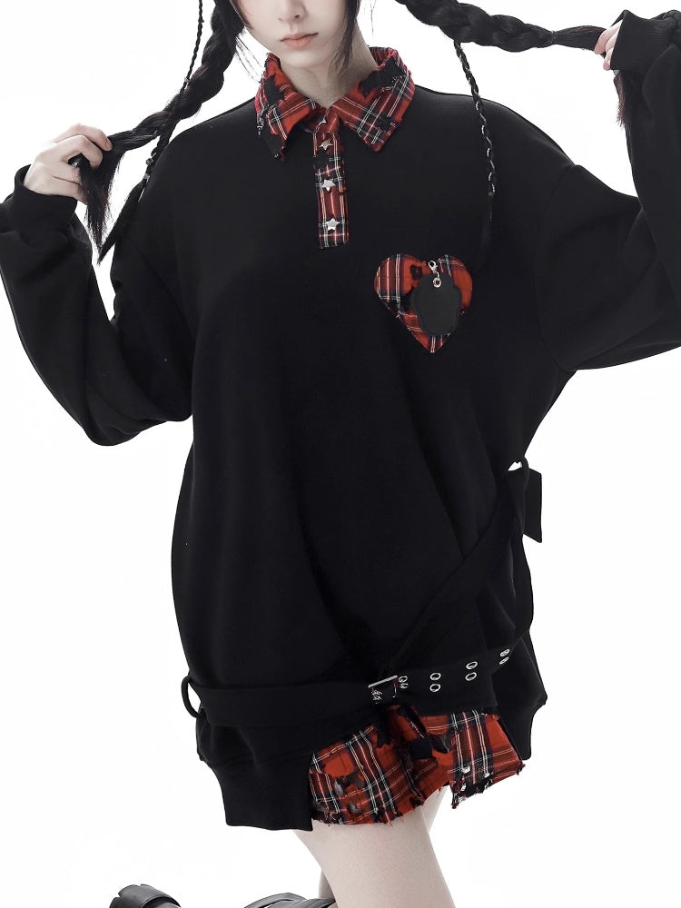 Red Plaid Heart Applique Black Distressed Shirt Dress