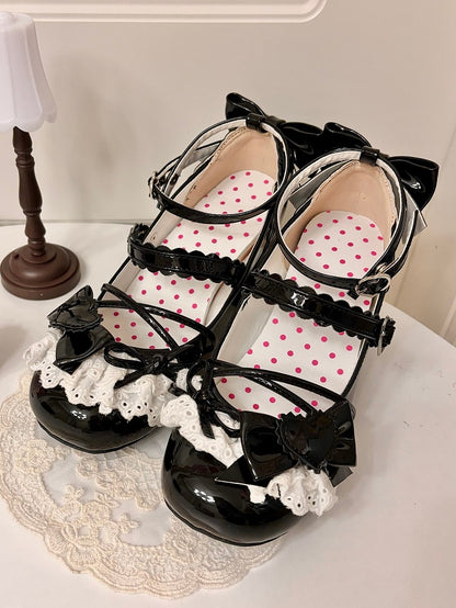 Jane Lace-Trim Polished Lolita with Heel Buckles Mid Bow Mary Sweet Heels Black Top - Heart