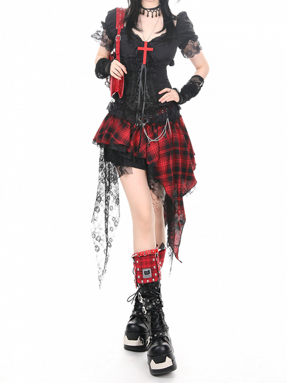 Gothic Black Lace-Up Fitted Puff Sleeve Top with Lace Trim