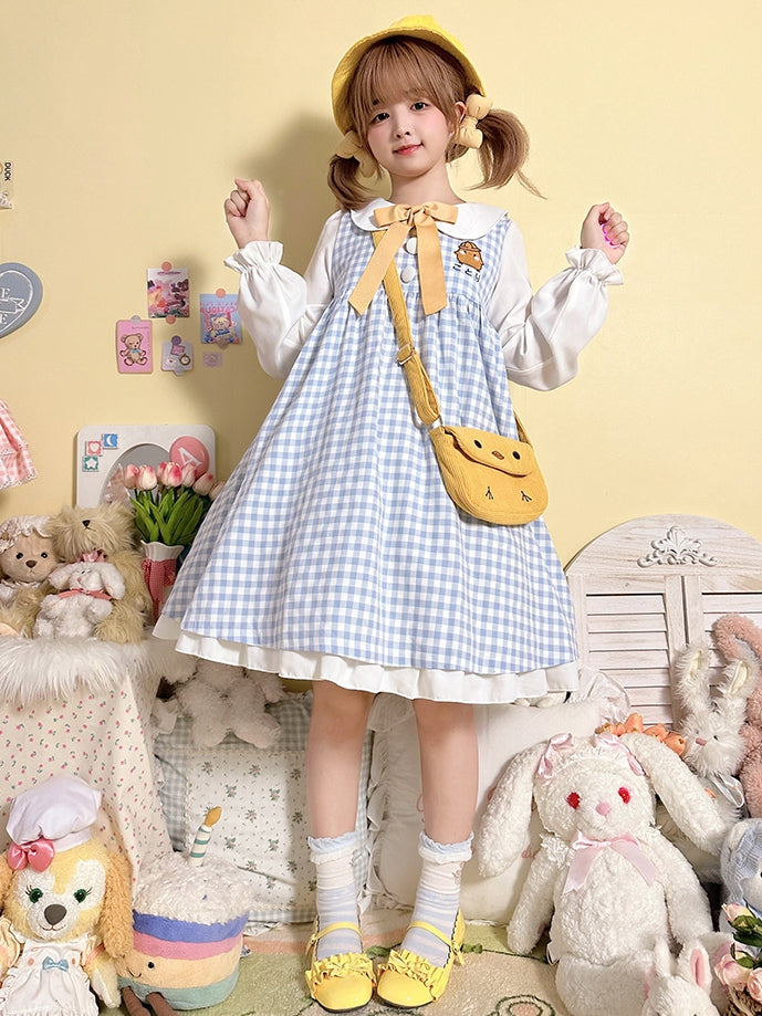 Robe à manches longues et col Peter Pan à carreaux bleu clair et motif poulet mignon