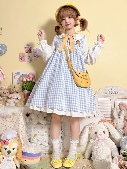 Robe à manches longues et col Peter Pan à carreaux bleu clair et motif poulet mignon