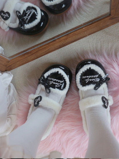 - Knotted Shoes Lolita Heart Snap PU Button Black Accents Design Bow Flat Decorated