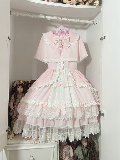 Pink and White Old School Lolita Fashion Dress Bowknot Detais Lolita JSK Set