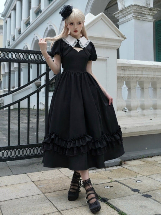 Black Thin Shoulder Straps Scalloped Edge Neckline Classic Lolita Dress