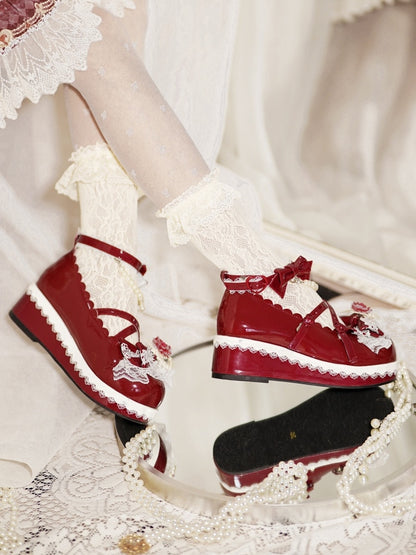 Floral at Lace Design Buckle Top Detachable With Heart Trim Chain Beaded Red Bow Platforms