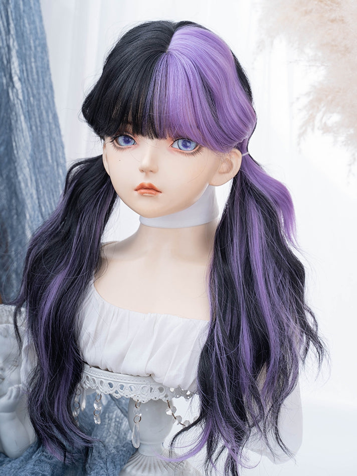 PurpleBlack With Wig 74CM Bangs Length Wavy Air Split Color