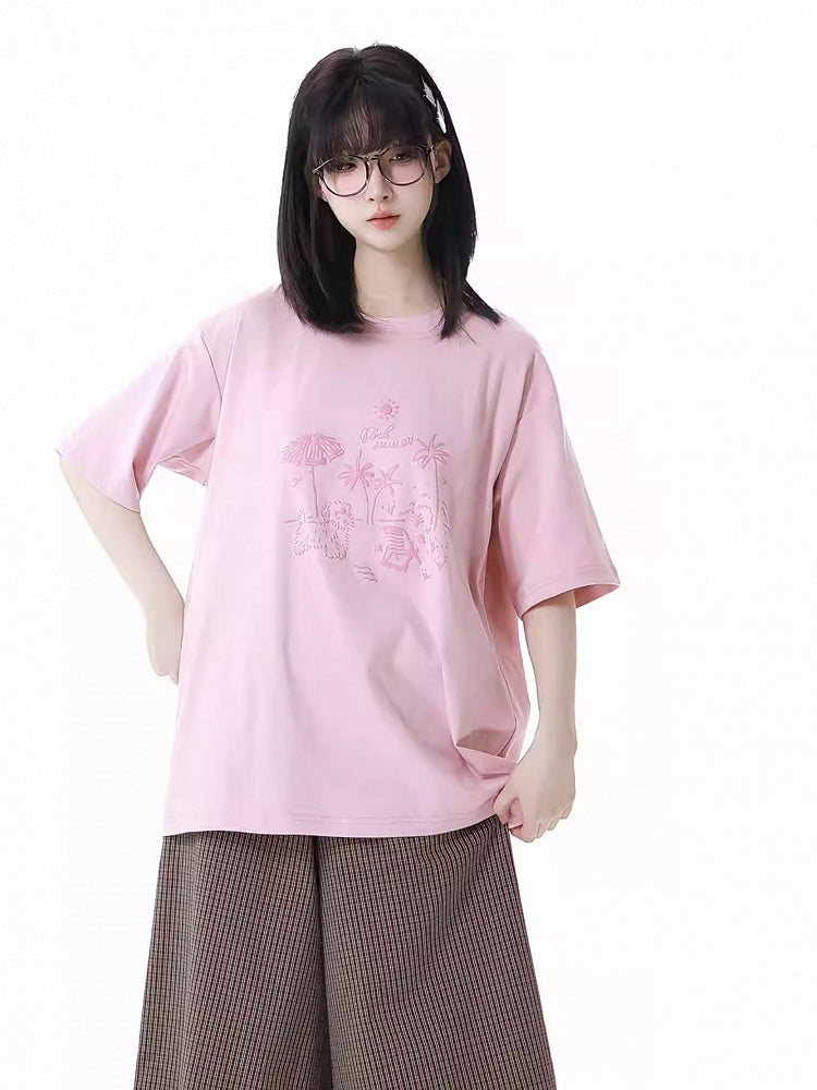 Loose Graffiti T-Shirt Puppy Round Neck Gray/Pink/Light Purple