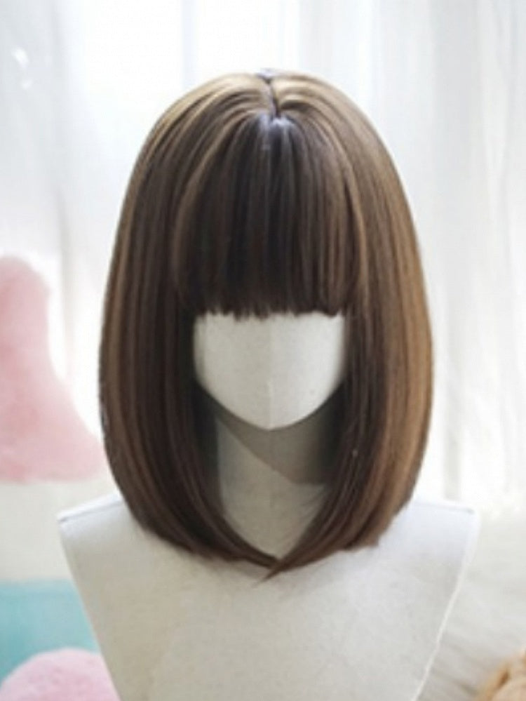 Dark Brown Bob Cut Shoulder Length Straight Wig With Full Bangs