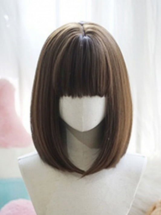 Dark Brown Bob Cut Shoulder Length Straight Wig With Full Bangs
