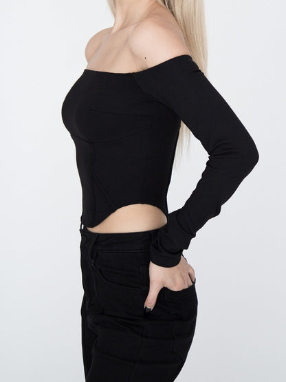 Black Off-the-shoulder Neckline Curved Hem Top