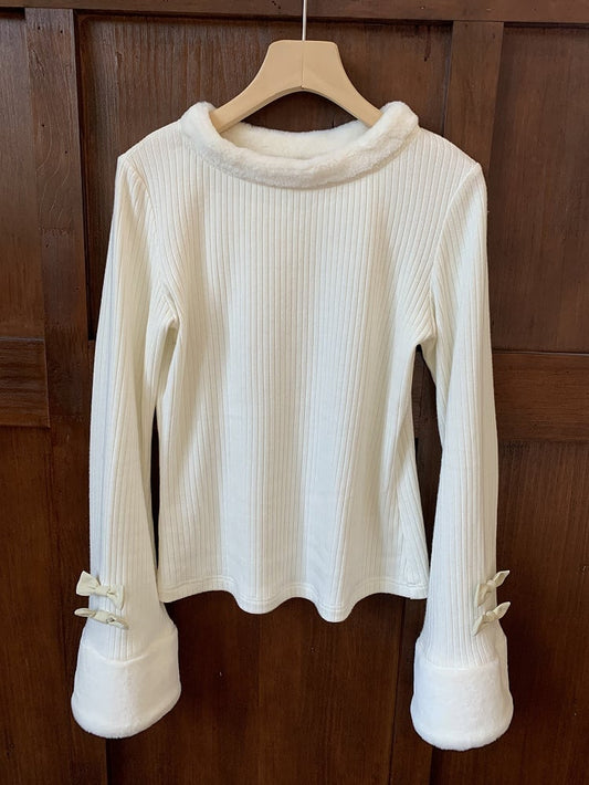 White Plush Neckline and Cuffs Long Sleeves Knitted Top