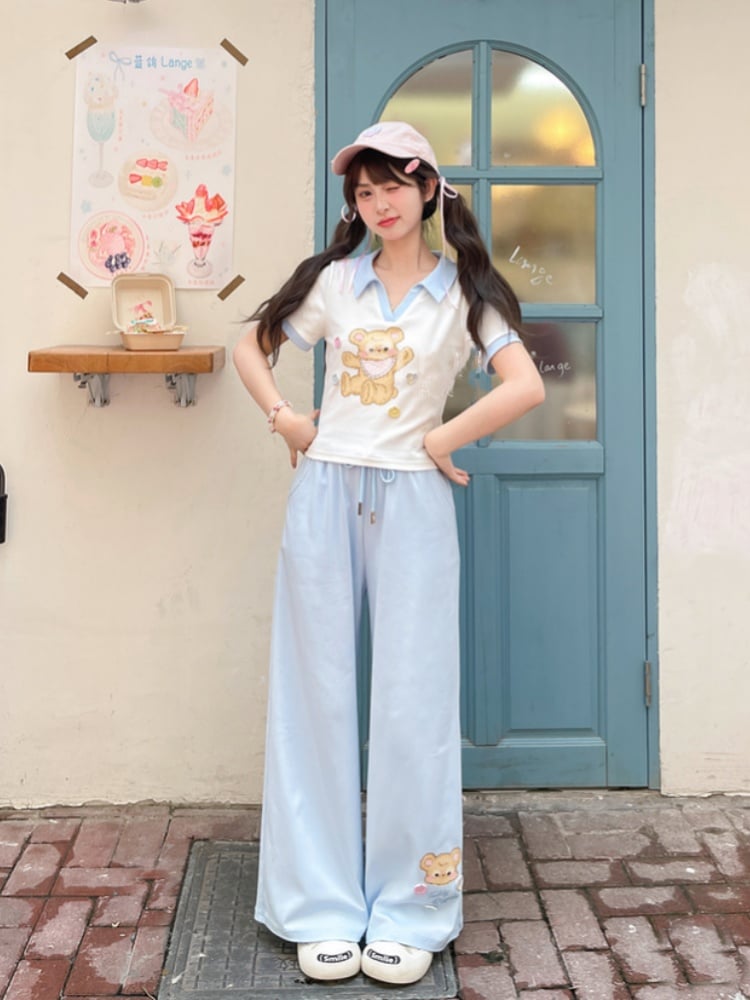 Wide-Leg Casual Pants Blue Drawstring Waist Bear Print Cuff