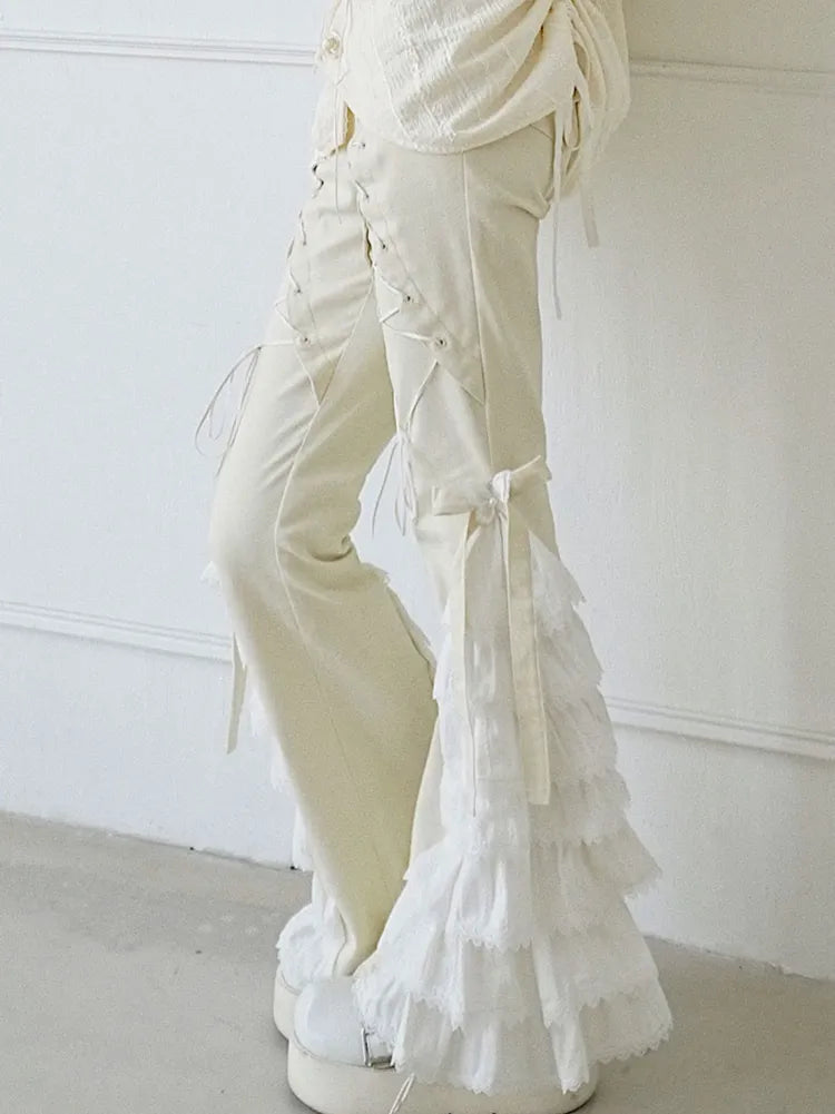 Pants Design Beige with and Tiered Flared Detail Butterflies Lace-up Bowknots