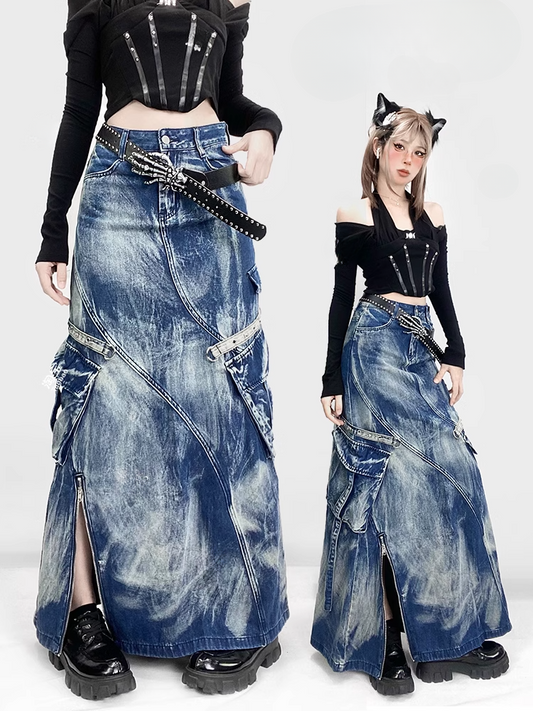 Blue Denim Side Slit Tie Dye Cargo Pockets Oversized Glamorous Vintage Skirt