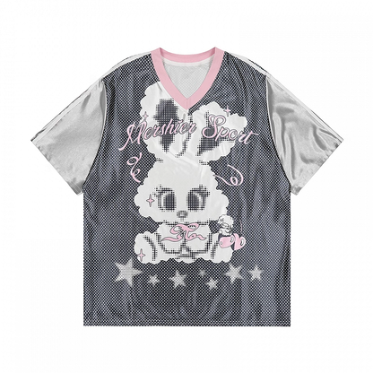 Adorable Bunny Print Black and White V-neck Polka Dot T-shirt
