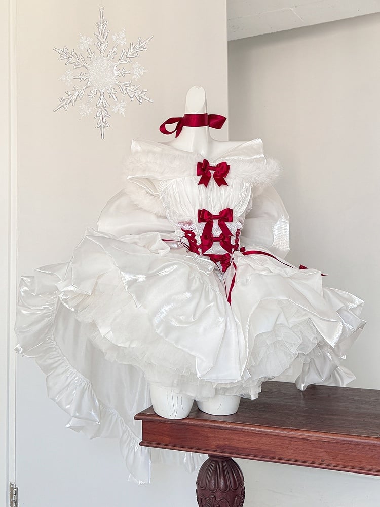 Snowy White Christmas Dress Red Bows Adorned Basque Waist Dress with Big Bow Cascading Train