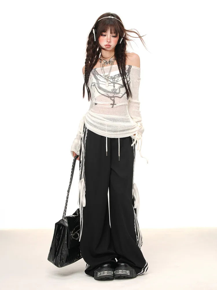 Top Graffiti White/Black Semi-sheer Drawstring Waist