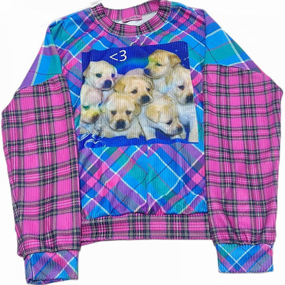 Pink Gyaru Oversized Sweatshirt With Plaid Pattern And Puppy Print Fashion and Blue