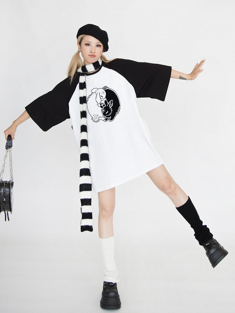 Black & White Bunny Print Oversized T-Shirt