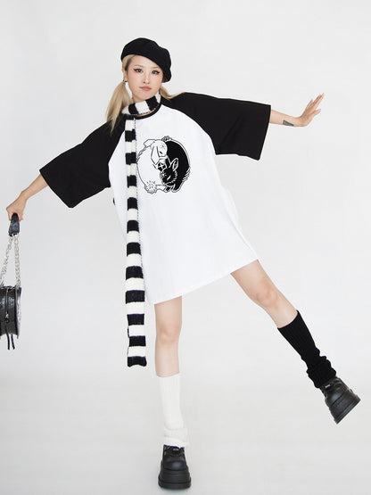 Black & White Bunny Print Oversized T-Shirt