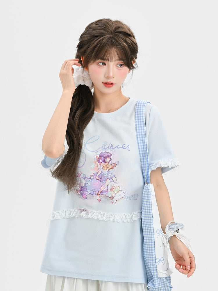 Blue Round Neck Lace Loose T-Shirt Applique Cancer Constellation Print