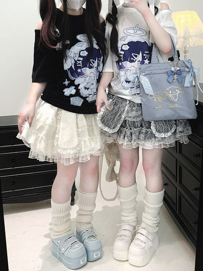 Kei Jirai Yami Kawaii Cartoon Print Zipper Detail Open Shoulder Black/White T-shirt