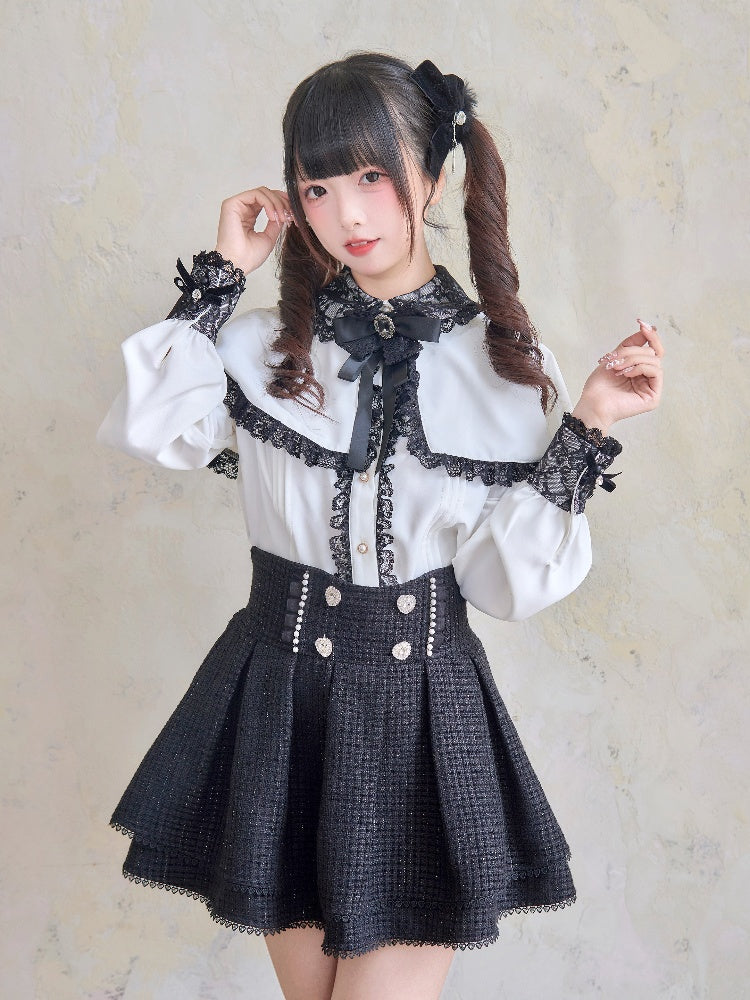 Tweed Waist Black Skirt Jirai Kei Heart Rhinestones High