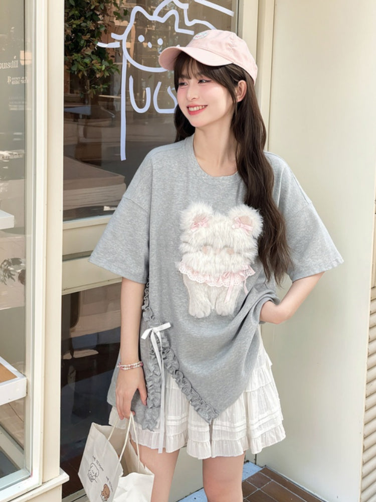 Pink/Gray Round Neck Plush Kitty/Bear T-Shirt