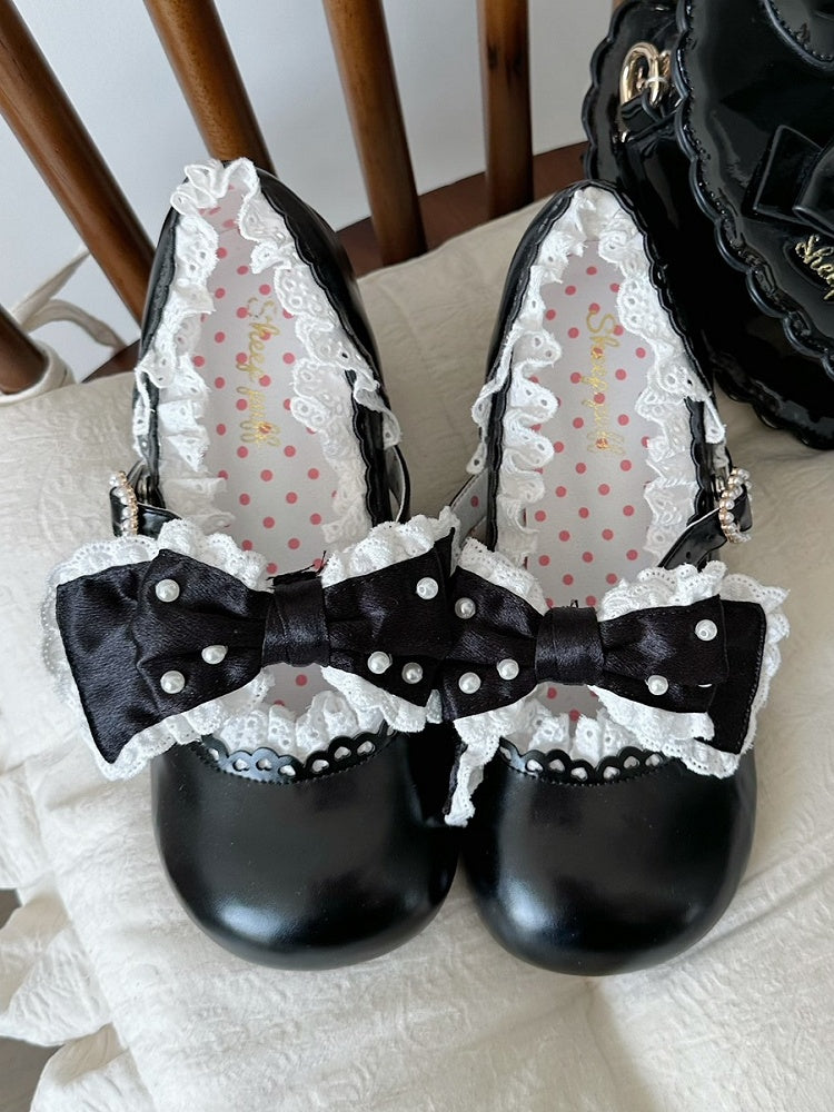 Bow Sweet Beaded Accent Scalloped-Edge with Mary Black Strap Buckle Decorated Leather - Janes Lolita PU