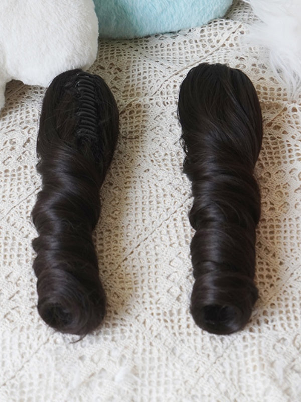 Black Tea Bob Cut Straight Wig With Bangs＋Double Long/Short Ponytail Claw Clips